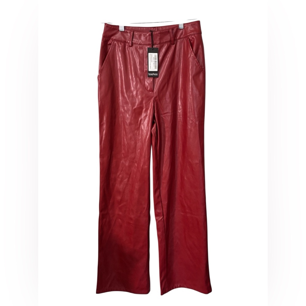 Faux Leather Wide Leg Pants Split Hem Red High Rise Trendy NWT Sz 6 - Picture 3 of 5